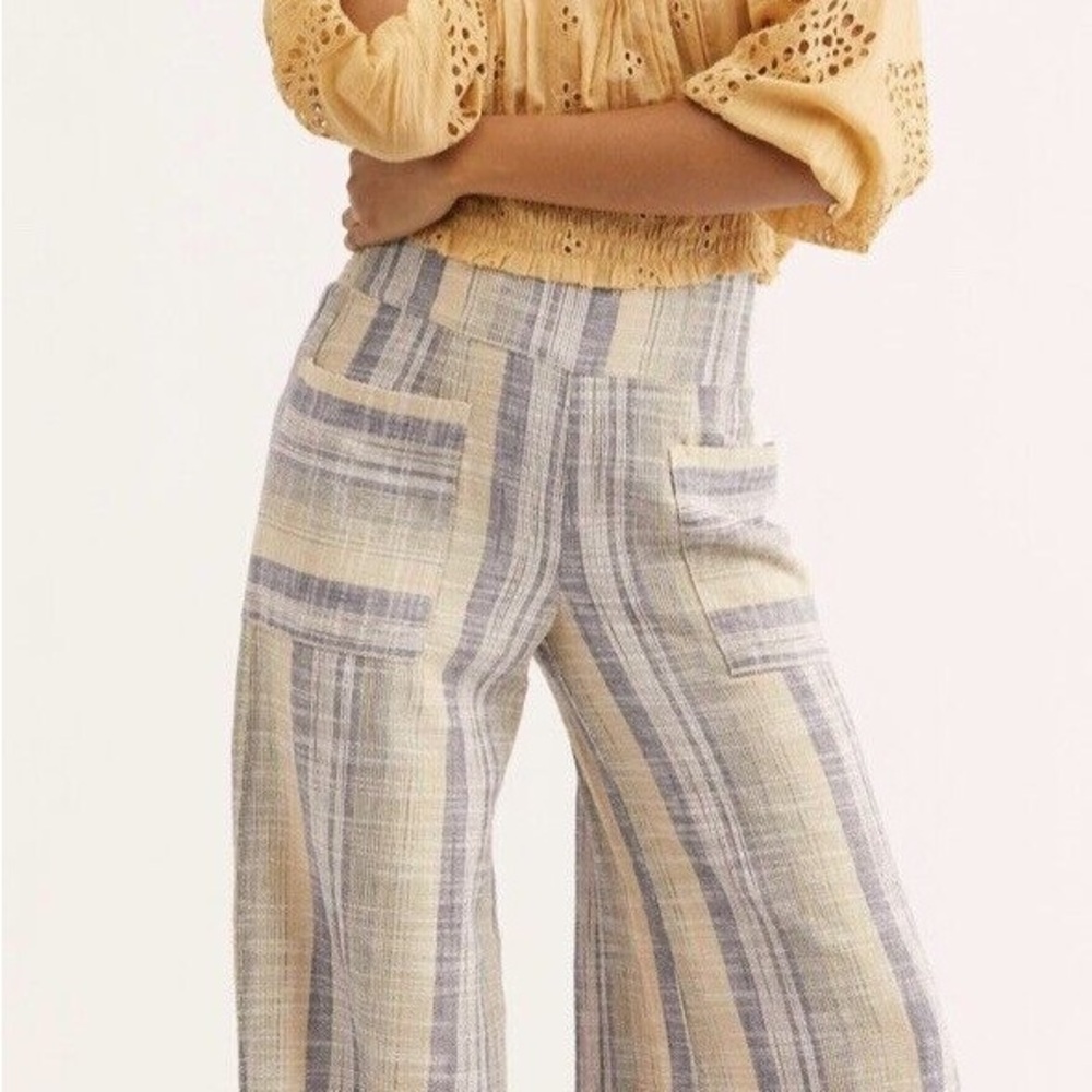 *NWT* FREE PEOPLE Moonlight Linen Blend Pull-On Wide-Leg Pant Beige/Prp/Pink — S - Picture 7 of 8